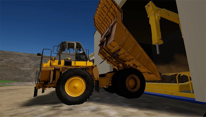 A virtual reality of a mining truck in a mine site.