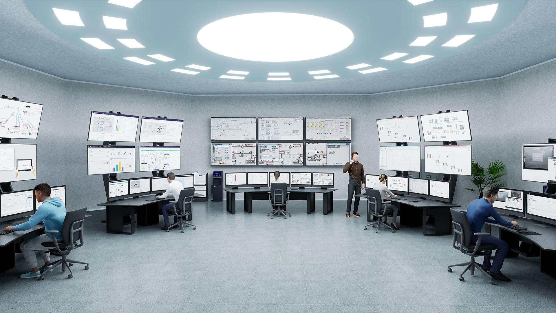 A 3D rendering of an industrial control room.