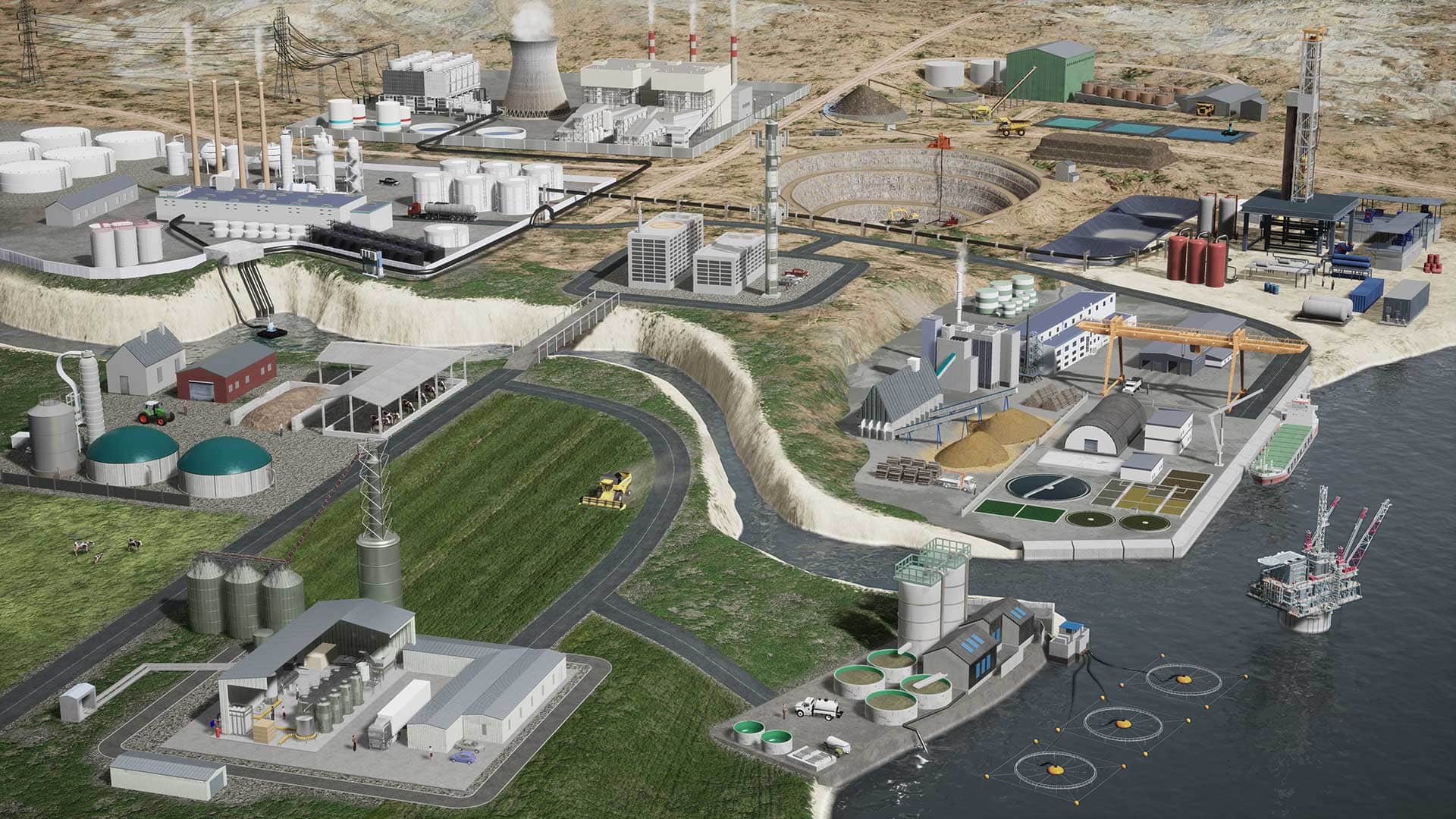 An overview of an industrial site in 3D animation.