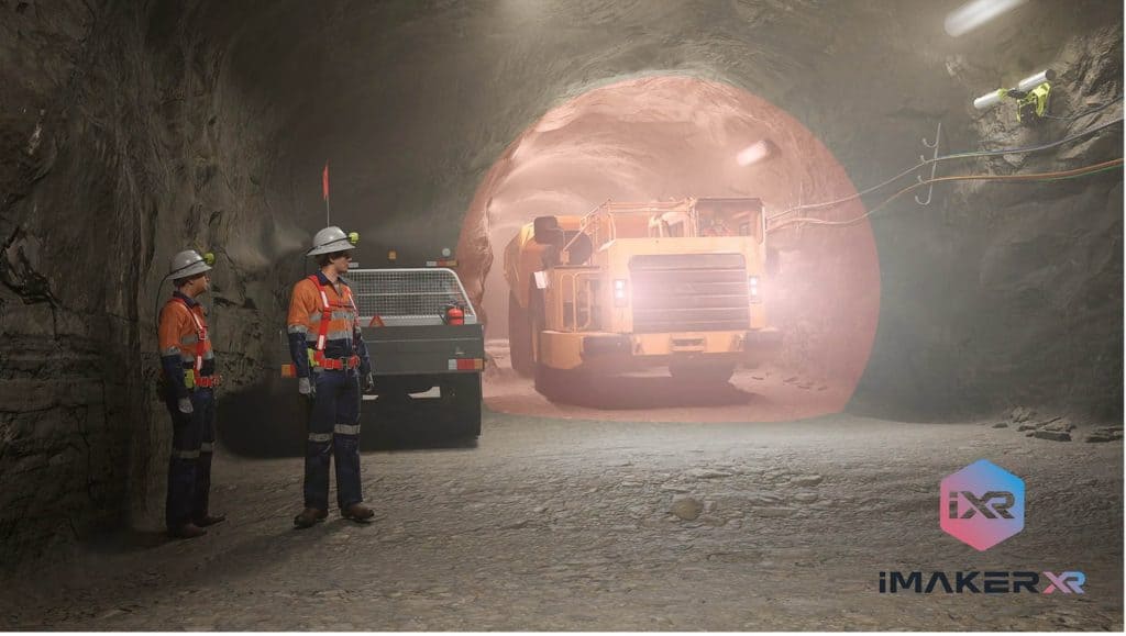 Mining animation of an underground mine site with two mine words and a truck.