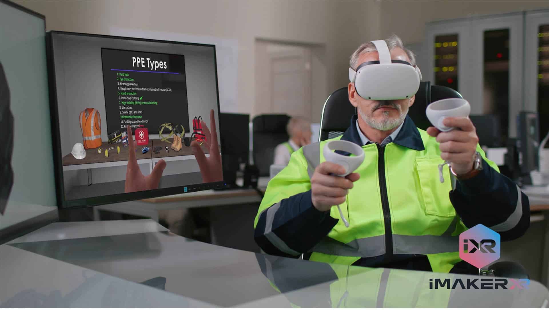 A man with a virtual reality headgear having a PPE training.