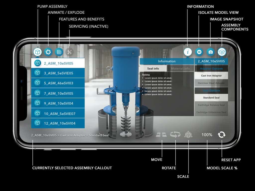 A blue pump assembly in 3D.