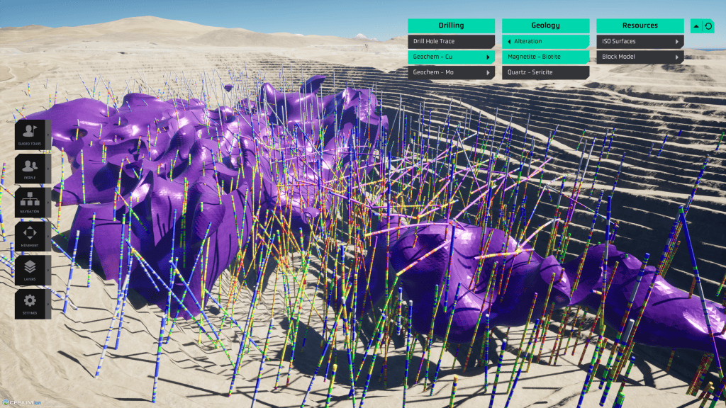 3D visualization and animation unveiling a mining orebody and drill hole assay.