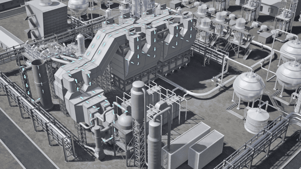 An oil and gas 3d animation of a Fluid Catalytic Cracking (FCC).
