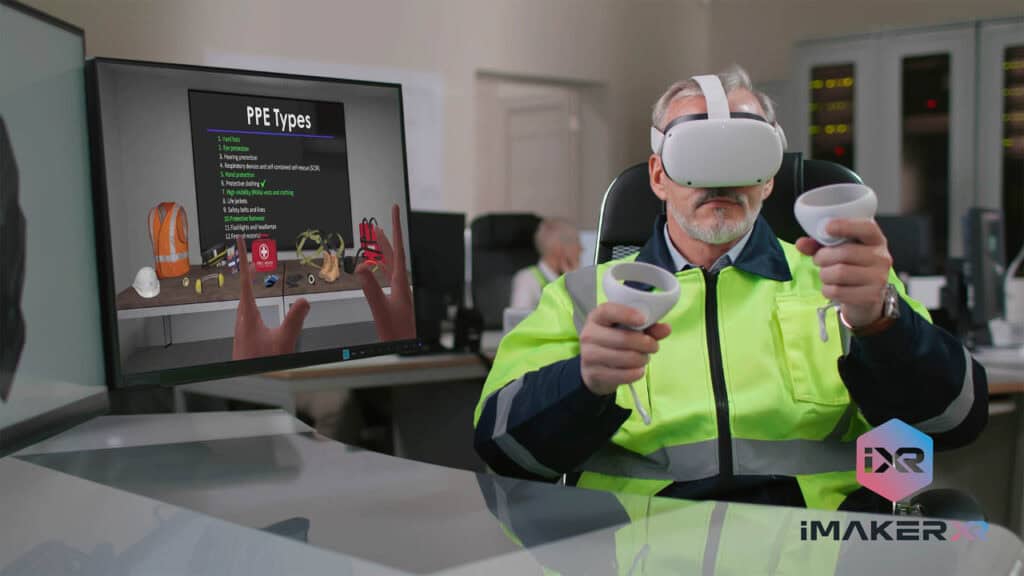 Male industrial engineer wearing virtual reality headset and holding controllers