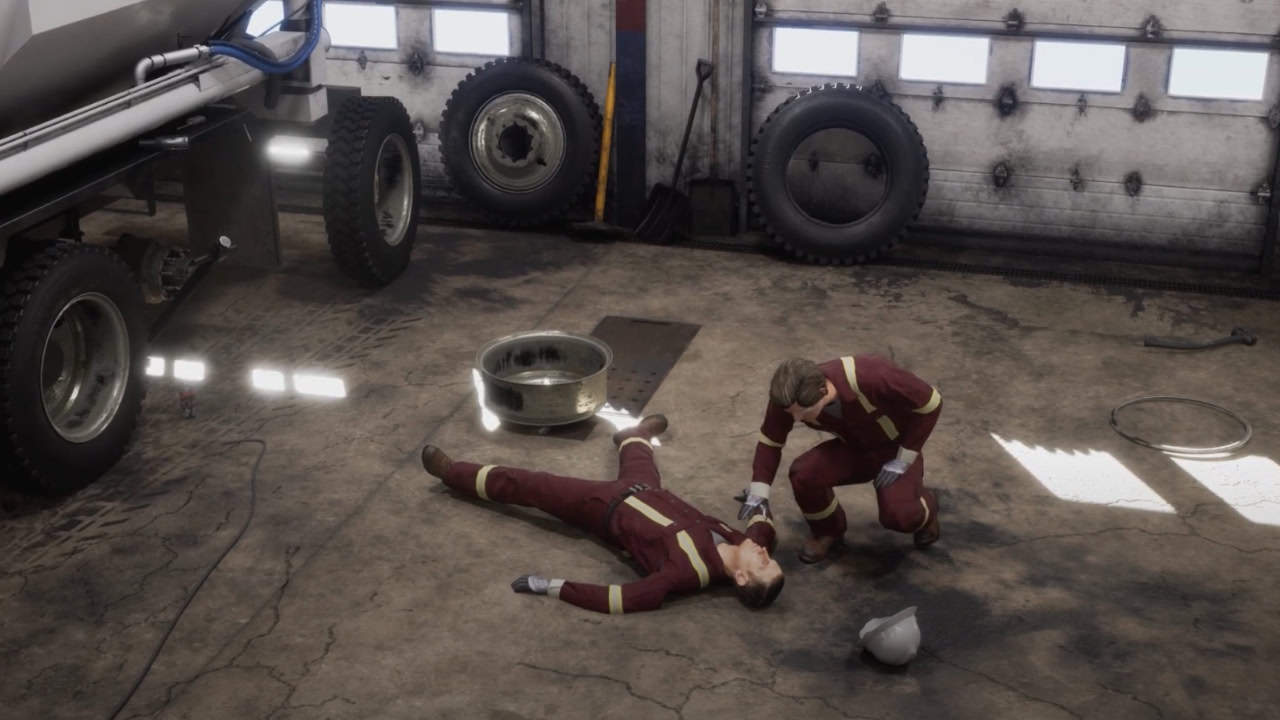 Health and safety animation where an explosion occured an injured worker is lying down on the floor.